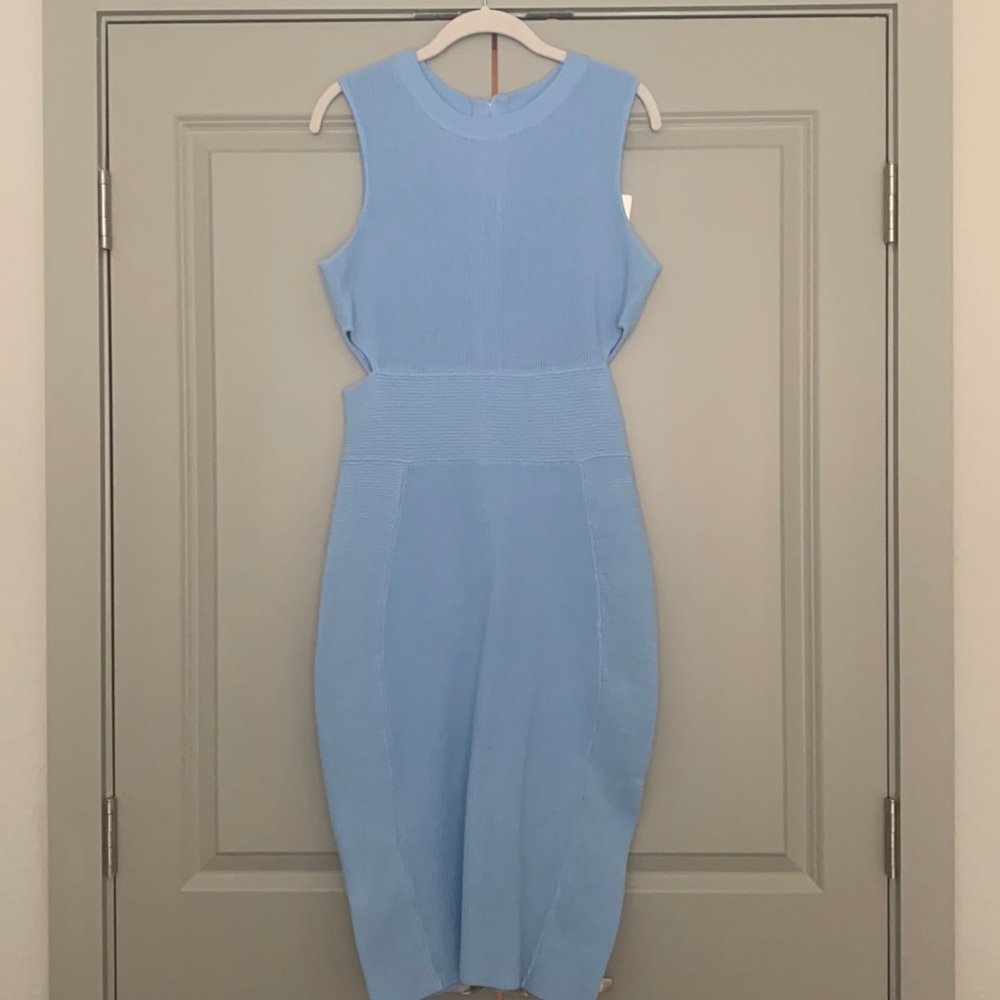 Light blue midi bodycon knit dress with side cutouts